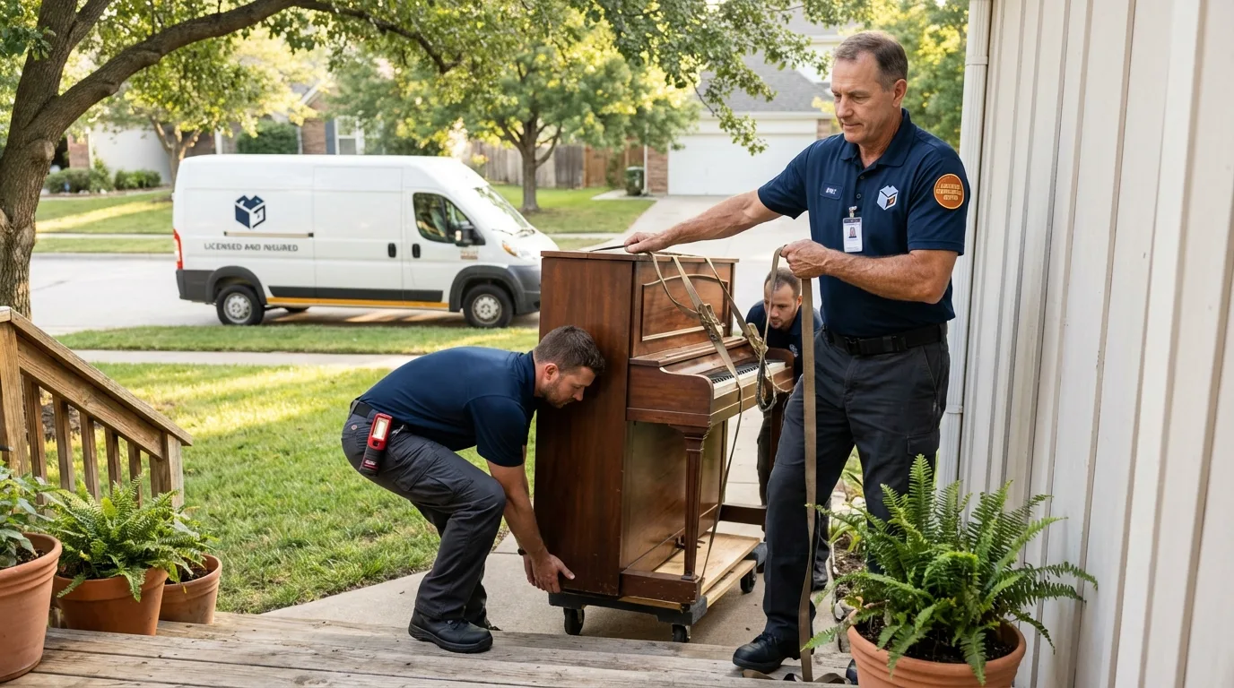 Licensed piano movers securing grand piano in Keyport, NJ