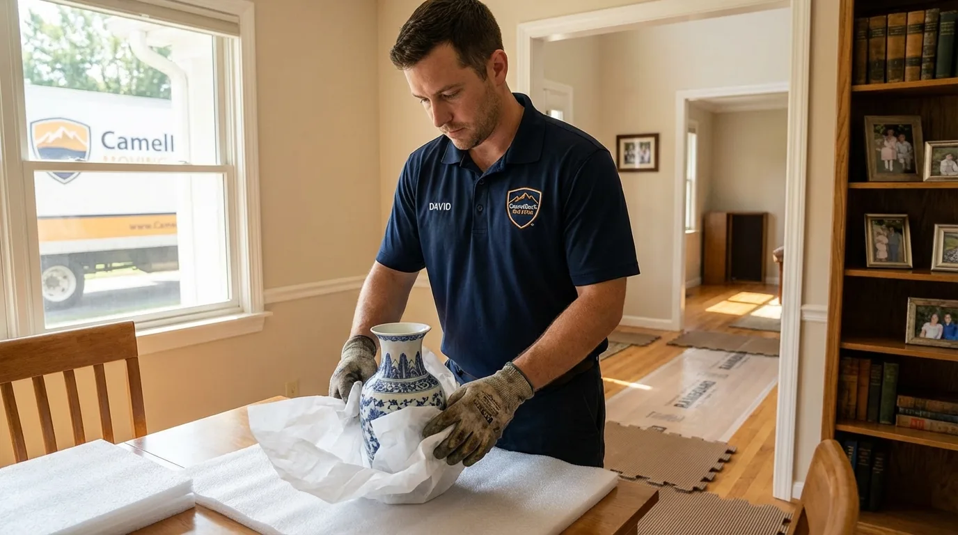 Professional crew carefully wrapping antique vase for senior downsizing move in Keyport, NJ